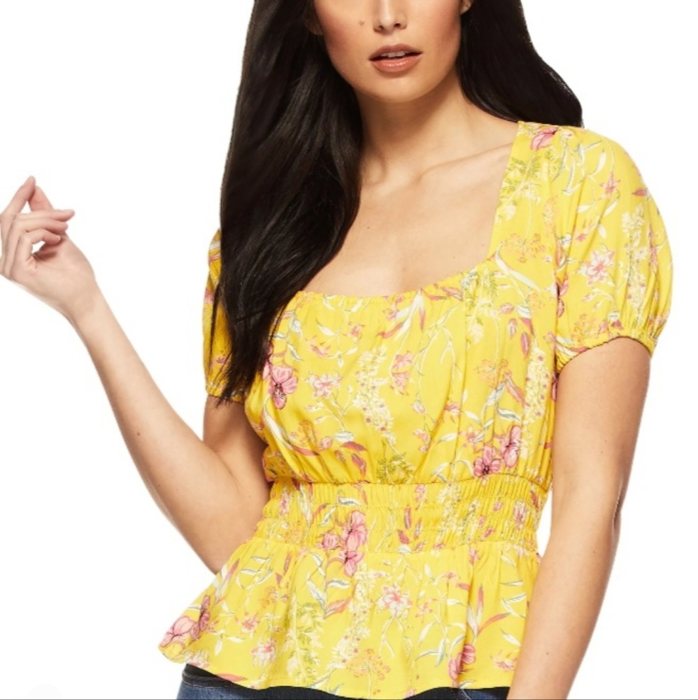 Sofia by Sofia Vergara Yellow Gold Floral Blouse Short Puff Sleeves NEW NWT